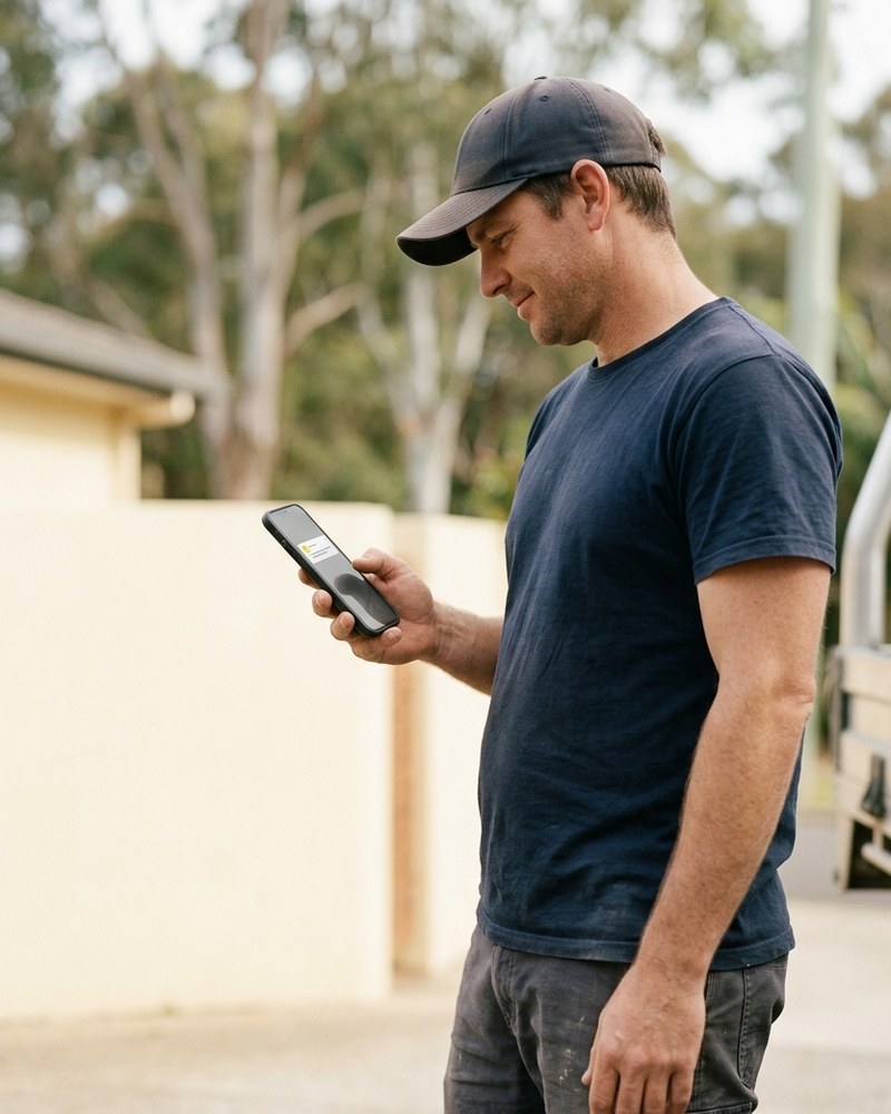 An Australian tradie checking his phone after a Rigup lead notification arrived